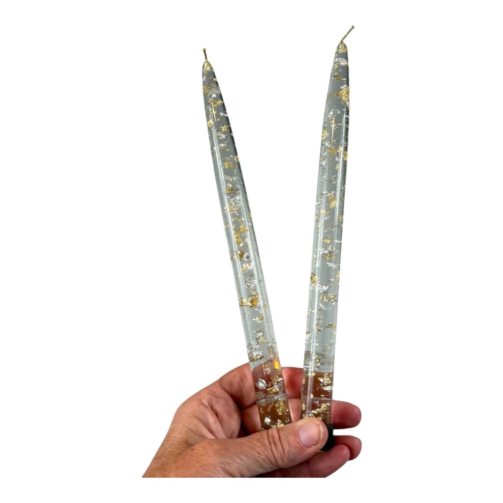 Vintage MCM Lucite Taper Candles 10" Gold Silver Flakes Clear Pair (2)